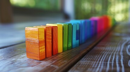 A sequence of colorful dominoes lined up in a row, ready to be toppled over, representing the idea of sequential events or actions.