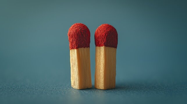 Two identical matches standing upright, side by side, symbolizing a perfect match or compatibility.