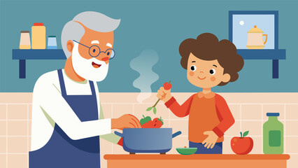 The aroma of es fills the kitchen as a wise grandfather patiently instructs his eager grandchild on the perfect way to chop vegetables for their. Vector illustration