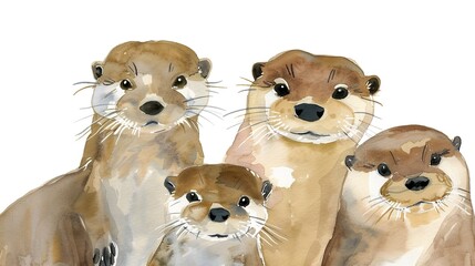 Obraz premium Whimsical watercolor painting of a playful otter family with distinctive whiskers, round ears, and webbed paws, captured with prime lens and natural light, exuding joy and happiness