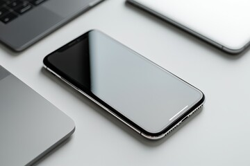 A close-up of a smartphone and laptop lying flat with their screens off, arranged neatly on a white background