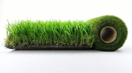 A roll of freshly manufactured artificial grass, ready to be deployed, illustrating the roll's texture and quality on a white background.