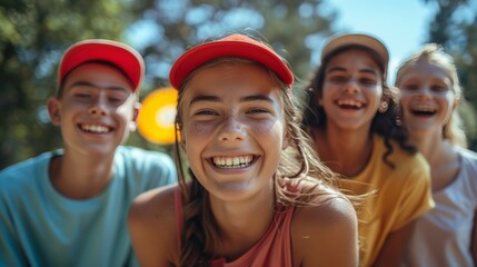 A group of teenagers gathered in a park, playing a lively game of frisbee, with smiles and laughter all around.