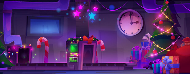 Christmas gift factory interior. Vector cartoon illustration of magic conveyor line, presents packed on boxes with ribbon bows and bags, New Year tree decorated with shimmering garland and toys