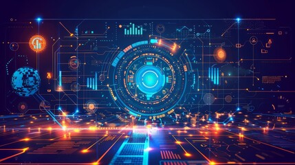 Icon and network infrastructure or data sharing on global dashboard and interface 