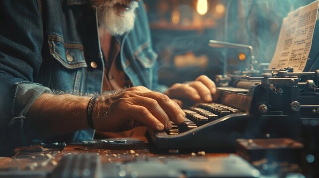 A close-up of a writer typing the final words of a novel, with a satisfied smile, indicating the completion of a long creative process.