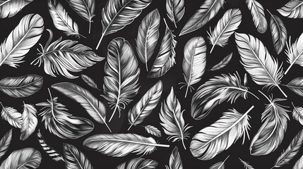 Seamless doodle art in black and white, showcasing exotic birds and detailed feathers,