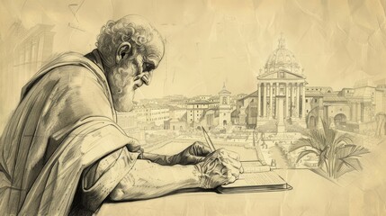 Fototapeta premium St. Gregory the Great Writing in Ancient Rome, Biblical Illustration, Beige Background, Copyspace