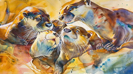Fototapeta premium Whimsical watercolor painting of a playful otter family with distinctive whiskers, round ears, and webbed paws, captured with prime lens and natural light, exuding joy and happiness