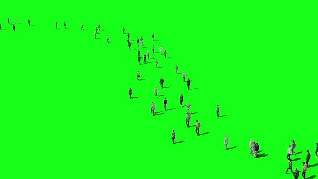 3D animation of a crowd of people walking down the street to visualize the visual effects of the chroma key green screen
