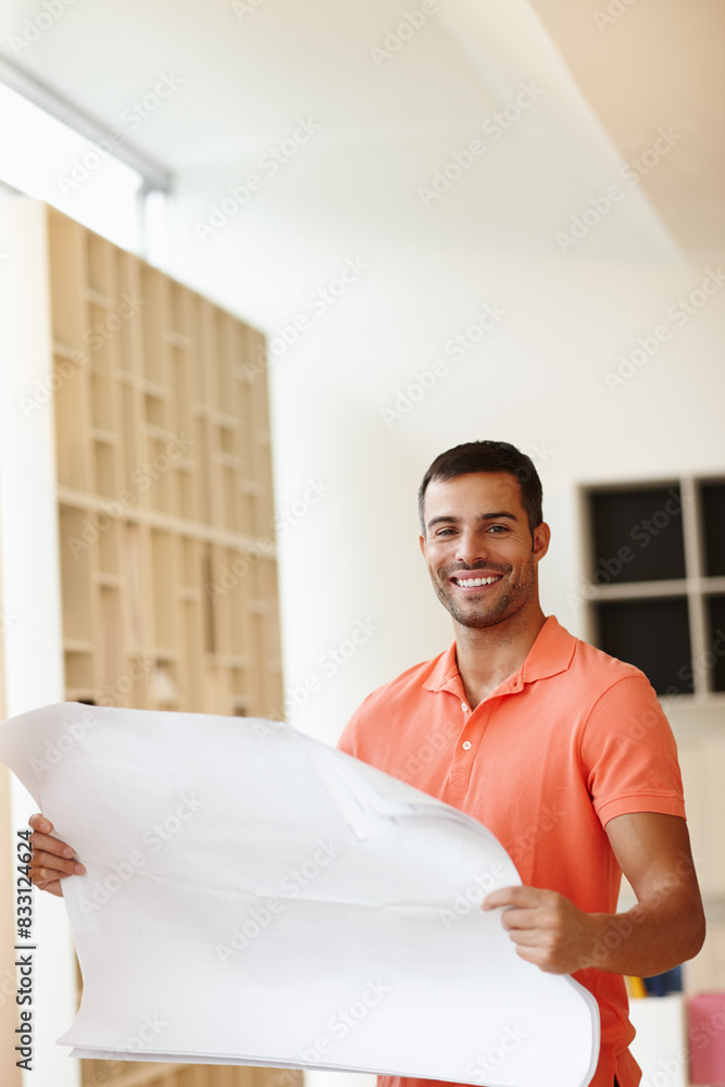 Sticker Happy, architecture and man in portrait with floor plan or blueprint for office development and progress. Young person, designer or engineering worker with paper for property, planning or remodeling