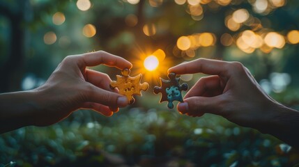 Two puzzle pieces being placed together by different hands, representing the concept of finding the perfect match or connection.