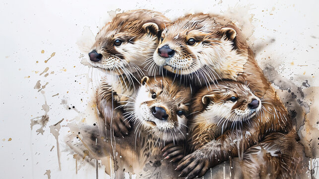 Whimsical watercolor painting of a playful otter family with distinctive whiskers, round ears, and webbed paws, captured with prime lens and natural light, exuding joy and happiness