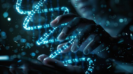 Medicine doctor touching electronic medical record on tablet. DNA. Digital healthcare and network connection on hologram modern virtual screen interface, medical technology and futuristic concept.