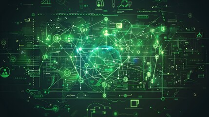 Obraz premium Green tech and icon for communication or data sharing on global dashboard and interface