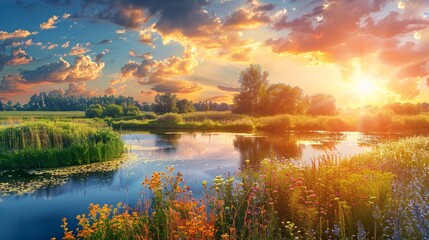Breathtaking dawn over a picturesque setting with vibrant skies, foliage, meadows, and shimmering waters.