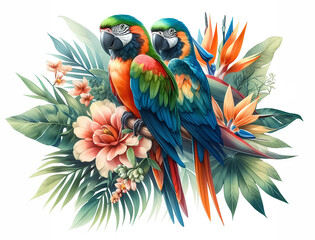 Fototapeta premium Watercolor illustration of two colorful parrots sitting on a branch surrounded by leaves and flowers