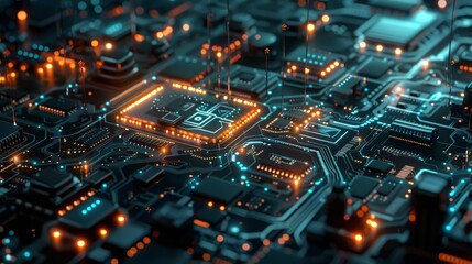 Abstract, AI and circuit board with futuristic technology for connectivity
