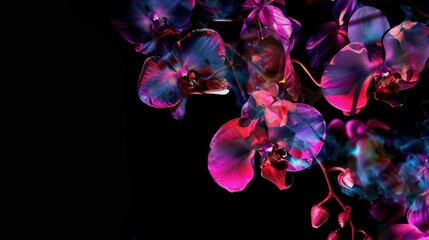 A vivid, abstract rendition of orchid flowers with a neon glow against a black background creating a surreal, artistic effect
