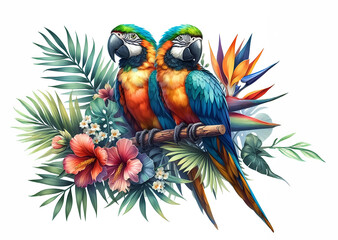 Watercolor illustration of two colorful parrots sitting on a branch surrounded by leaves and flowers © Makkraw