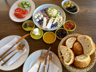 Turkish breakfast is served on table.
