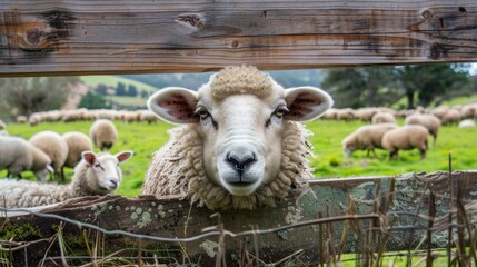 A sheep peering through a wooden fence at other sheep in a paddock
