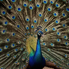 Obraz premium Against the canvas of a cloudless sky, the peacock spreads its tail feathers in a breathtaking fan of vibrant hues.