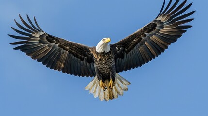 Obraz premium A powerful bald eagle soaring majestically with the American flag in its talons