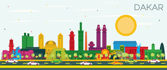 Obraz premium Dakar Senegal City Skyline with Color Buildings and Blue Sky. Business Travel and Concept with Historic Architecture. Dakar Cityscape with Landmarks.