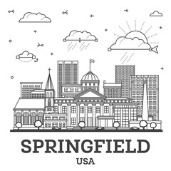 Outline Springfield Illinois City Skyline with Modern and Historic Buildings Isolated on White. Springfield USA Cityscape with Landmarks.