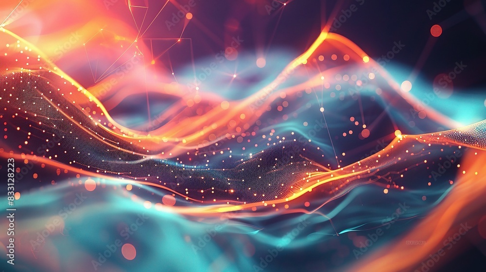 Poster an abstract representation of science and technology concepts, with dynamic lines and shapes in bold