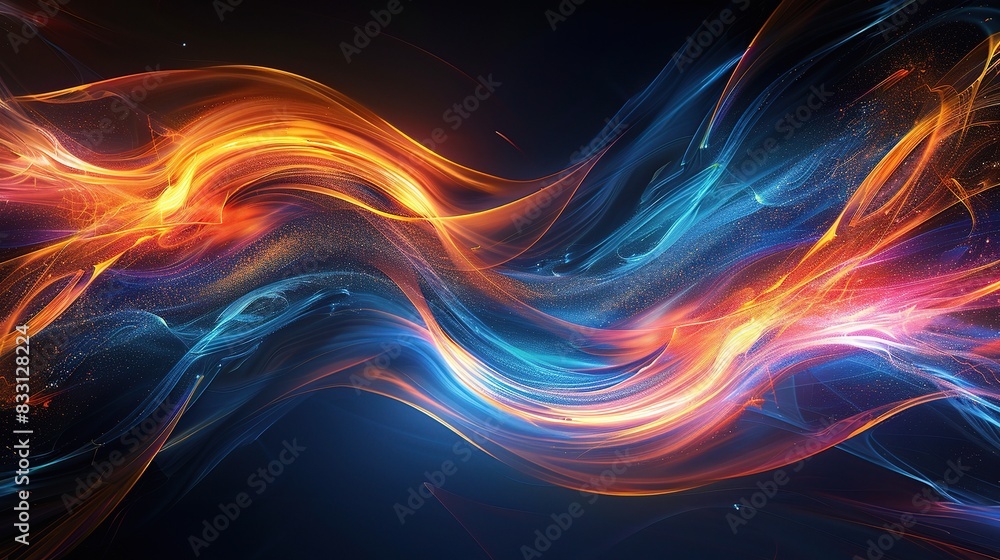 Poster an abstract representation of science and technology concepts, with dynamic lines and shapes in bold