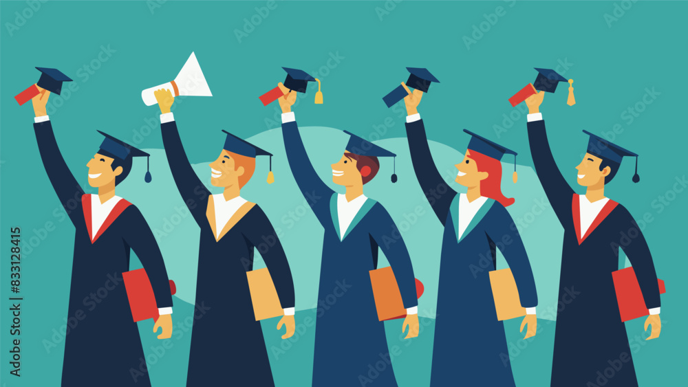 Wall mural Standing in a row graduates proudly fling their hats in the air a symbolic gesture of their unity and solidarity in reaching this milestone.. Vector illustration