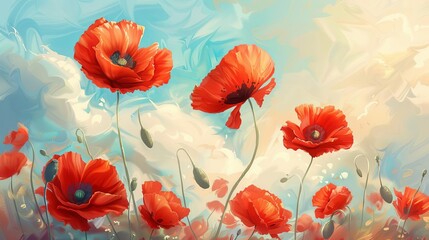 A vibrant, dreamy field of red poppies swaying under a sunny, blue sky, depicted in a beautiful artistic illustration style.