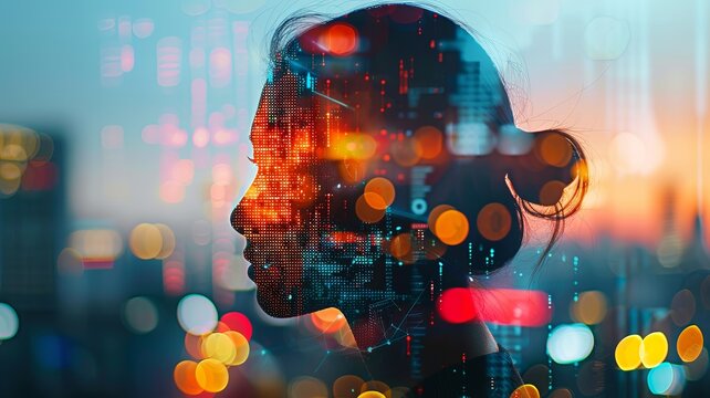 Double exposure image of a woman's silhouette with city lights, representing technology and urban life. Ideal for tech and future concepts.