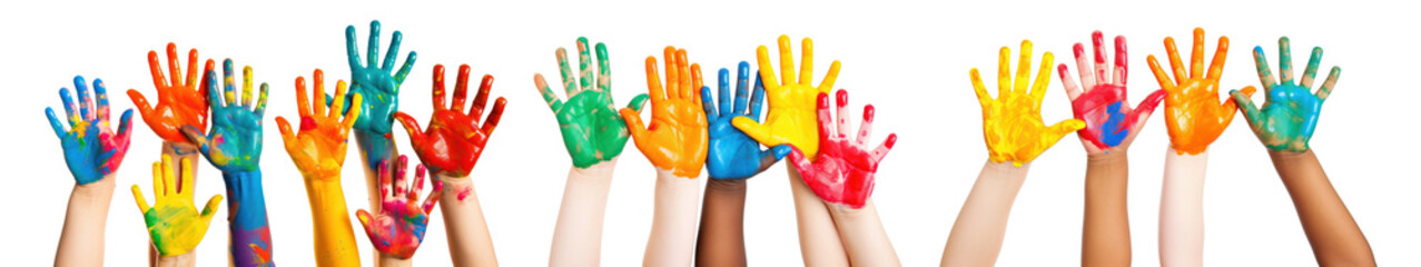 Color painted diversity child hands set