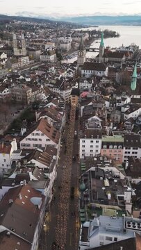 Aerial video of an urban urban landscape in Zurich, Switzerland