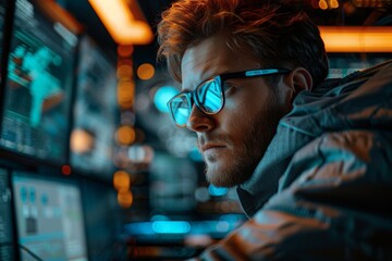 A photostock image of a serious programmer deeply focused on coding, surrounded by multiple screens and coding elements, captured in a documentary photography style