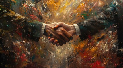 handshake between business and finance professionals, set against a backdrop of abstract paintings in vibrant colors