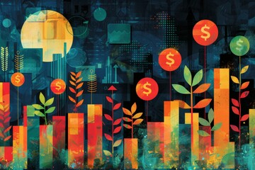 An artistic illustration showcasing investment growth, with elements like coins, arrows, and thriving plants, highlighting the accumulation of interest and wealth