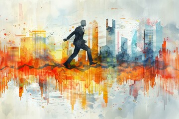 An artistic watercolor illustration showing an investor in pursuit of wealth, with dynamic visuals representing financial aspirations and growth