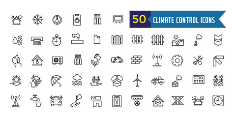 Climate control systems icons set. Outline set of climate control systems vector icons for ui design. Outline icon collection. Editable stroke.