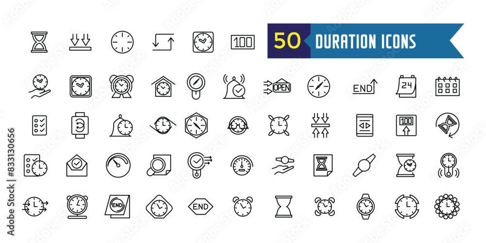 Poster duration icons set outline vector. future past. present time. outline icon collection. editable stro
