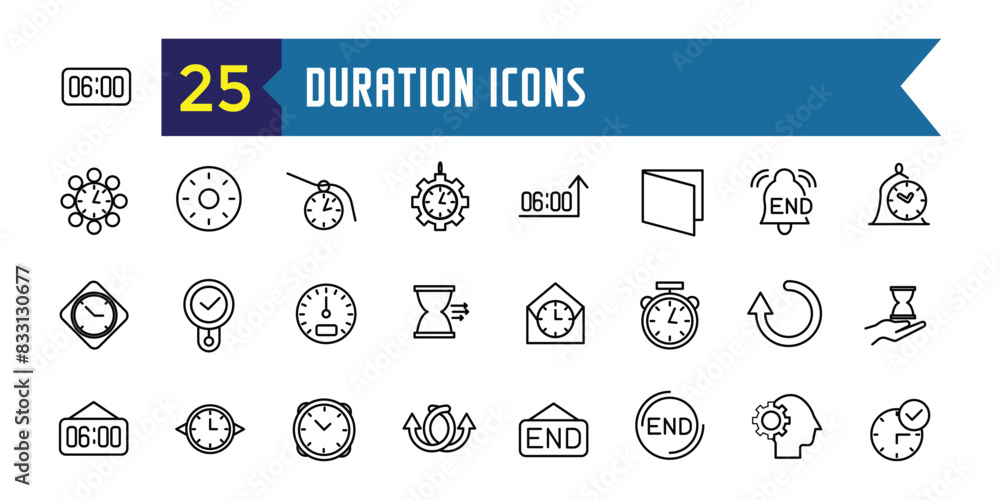 Poster duration icons set outline vector. future past. present time. outline icon collection. editable stro