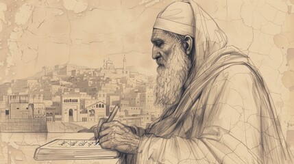 Fototapeta premium St. Ephrem the Syrian, Writing in Ancient Nisibis, Biblical Illustration, Beige Background, Copyspace