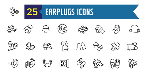 Earplugs icons set outline vector. Anti care device. Ear plug protection. Outline icon collection. Editable stroke.