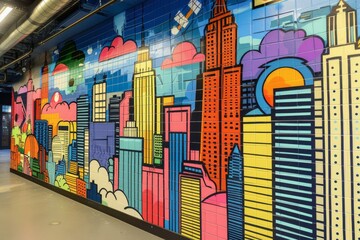 A mural illustrating a bustling cityscape with skyscrapers and urban life on a pool house wall