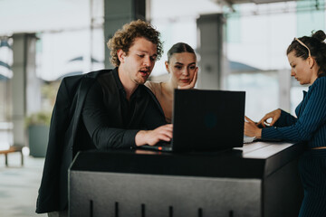 Team of young professionals collaborating on a project with a laptop in a modern office setting. They appear focused and engaged in their work.