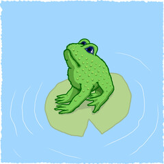 Frog sitting on a lily pad in a blue pond.