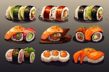 A set of sushi rolls with fresh fish and vegetables,